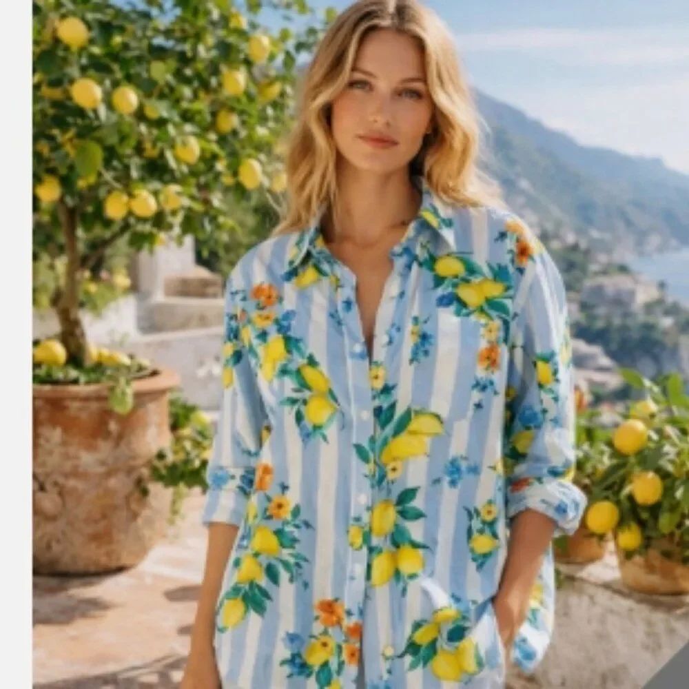 Like New! Calypso St. Barth Lemon Blue stripe Cotton Button Shirt in S